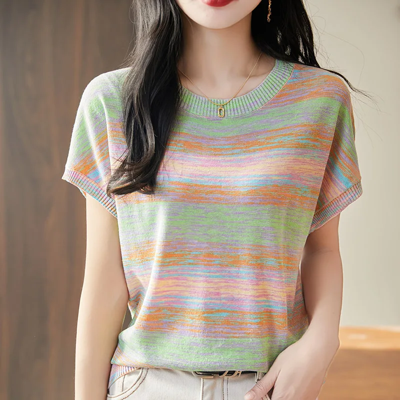 Summer women's T-shirt Lyocell knit short sleeved casual striped Tees loose round neck Tops rainbow color
Summer women's T-shirt Lyocell knit short sleeved casual striped Tees loose round neck Tops rainbow color