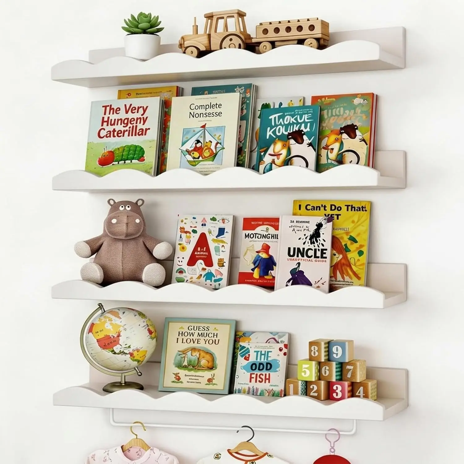 Nursery Shelves, 16.5 Inch Floating Bookshelves for Wall Set of 4, Scalloped Wall Book Shelves with Towel Rack for Kids
Nursery Shelves, 16.5 Inch Floating Bookshelves for Wall Set of 4, Scalloped Wall Book Shelves with Towel Rack for Kids