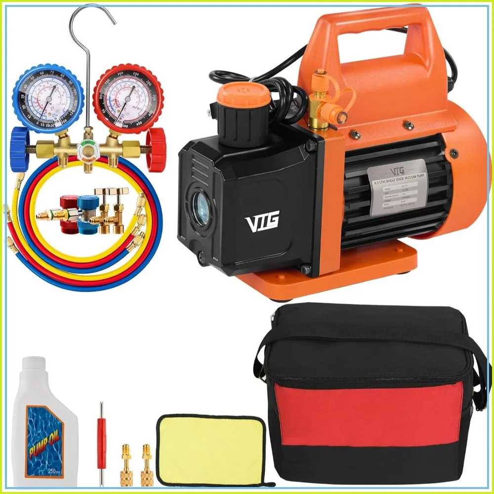 4.5 CFM AC Vacuum Pump & Manifold Gauge Kit for HVAC, Mini Split, Auto AC, R134a R12 R22 R502, with 2 R134a Can Taps & R410a Adapters
4.5 CFM AC Vacuum Pump & Manifold Gauge Kit for HVAC, Mini Split, Auto AC, R134a R12 R22 R502, with 2 R134a Can Taps & R410a Adapters
