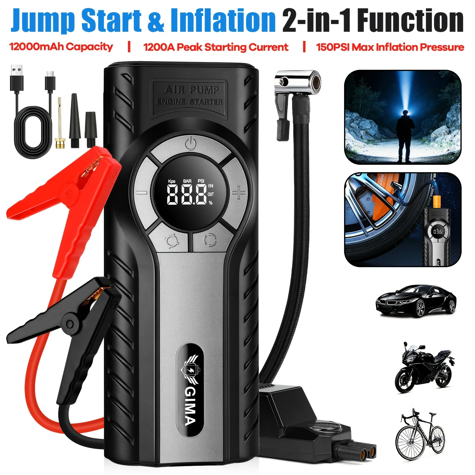 8 IN1 Jump Starter with Air Compressor, 1200A Portable Car Battery Booster (9.0 Gas/1.72gal Diesel) with 150PSI Auto-Shutoff Tire Inflator, 12V Supersafe Lithium Jump Box Car Battery Jumper
8 IN1 Jump Starter with Air Compressor, 1200A Portable Car Battery Booster (9.0 Gas/1.72gal Diesel) with 150PSI Auto-Shutoff Tire Inflator, 12V Supersafe Lithium Jump Box Car Battery Jumper