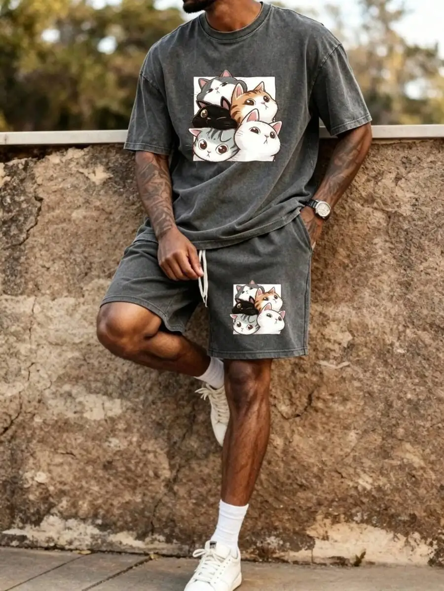 Mens Vintage Washed Cotton Set With Kitten Print Y2K Style Casual Shorts And Tee
Mens Vintage Washed Cotton Set With Kitten Print Y2K Style Casual Shorts And Tee