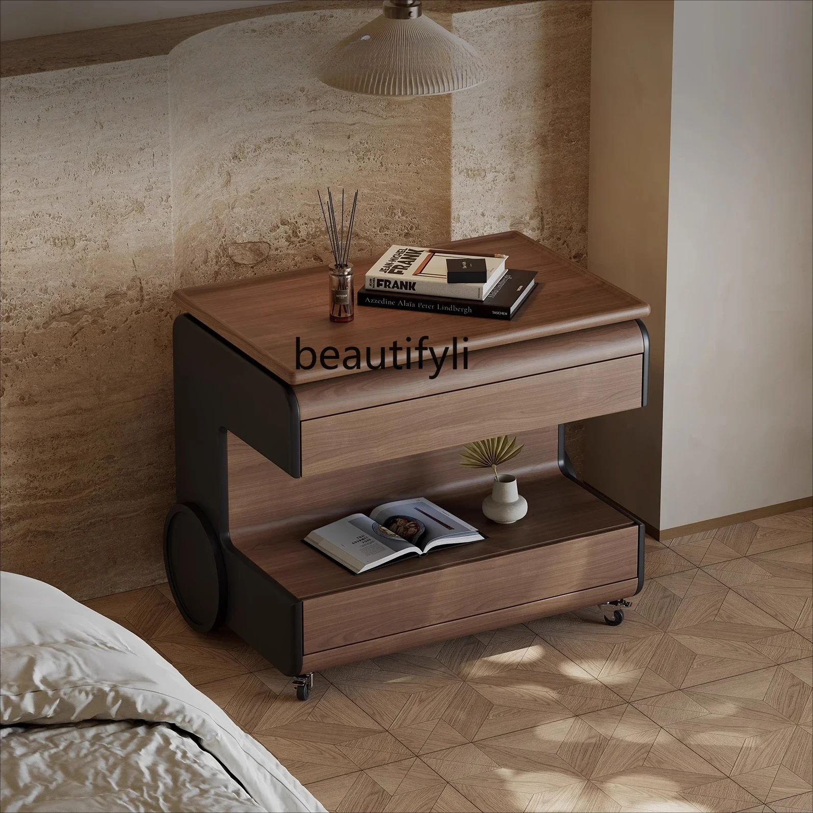 Medieval style movable solid wood bedside table walnut leather household lift trolley side table R
Medieval style movable solid wood bedside table walnut leather household lift trolley side table R