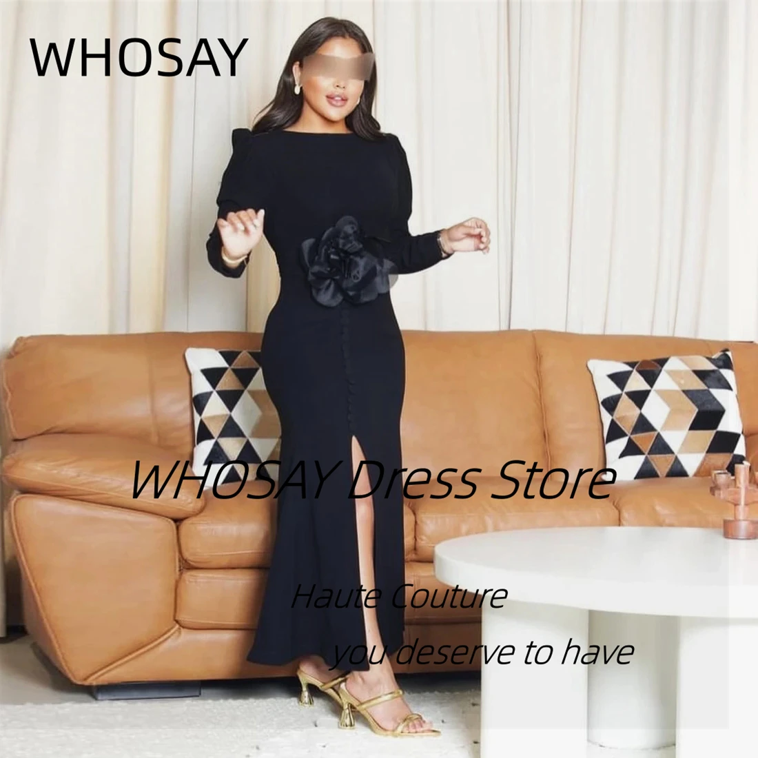 WHOSAY Black Evening Dresses Long Sleeves Customized Prom Dress with Flower Buttons Side Slit Special Occasion Saudi Women Wear
WHOSAY Black Evening Dresses Long Sleeves Customized Prom Dress with Flower Buttons Side Slit Special Occasion Saudi Women Wear