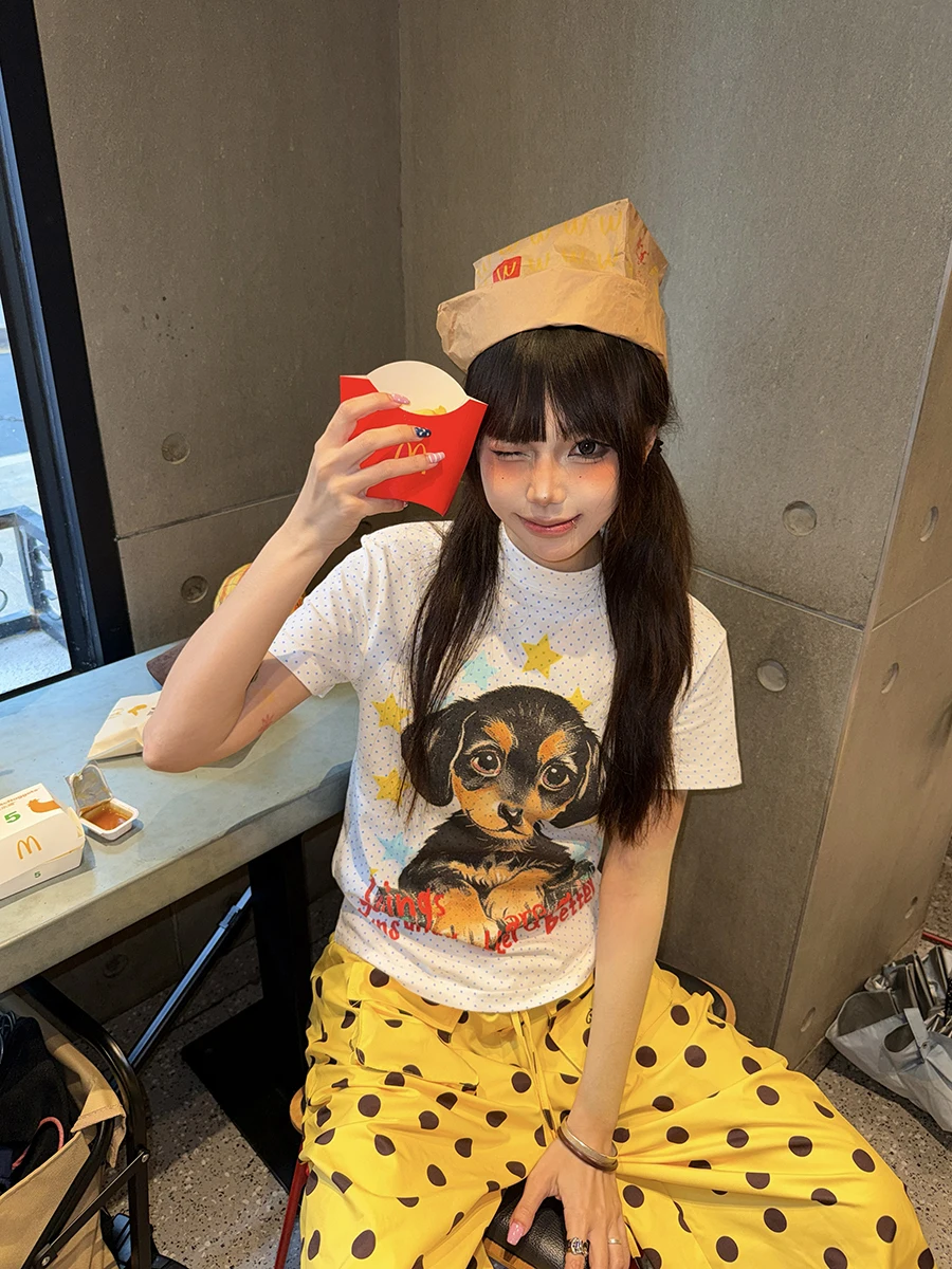 Lazy Cartoon Dog Print Short Sleeve T-Shirt Women's Summer Slim Fit Cute Style Top round Neck Regular Length Polka Dot Pattern
Lazy Cartoon Dog Print Short Sleeve T-Shirt Women's Summer Slim Fit Cute Style Top round Neck Regular Length Polka Dot Pattern