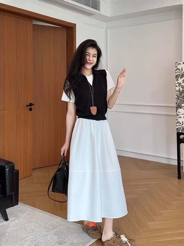 Новый летний комплект из двух предметов: топ и юбка с высокой талией в корейском стиле, имитация двух частей, для похудения
Новый летний комплект из двух предметов: топ и юбка с высокой талией в корейском стиле, имитация двух частей, для похудения