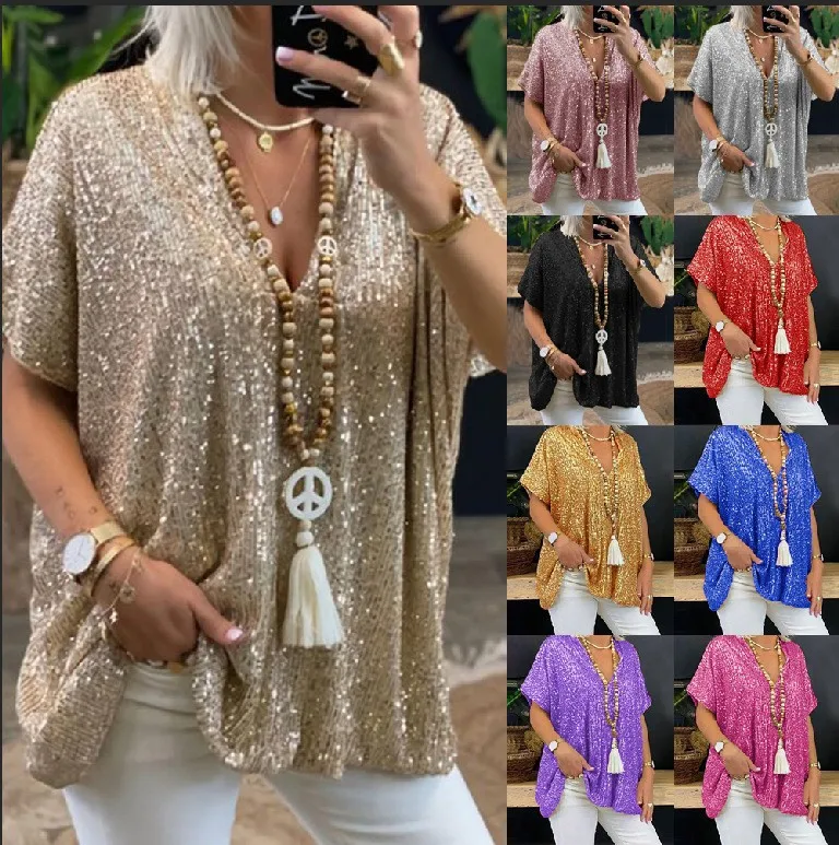 Women's Loose Fit Sequin V-Neck T-Shirt Short Sleeve Urban Casual Color Pullover Top European American Style
Women's Loose Fit Sequin V-Neck T-Shirt Short Sleeve Urban Casual Color Pullover Top European American Style