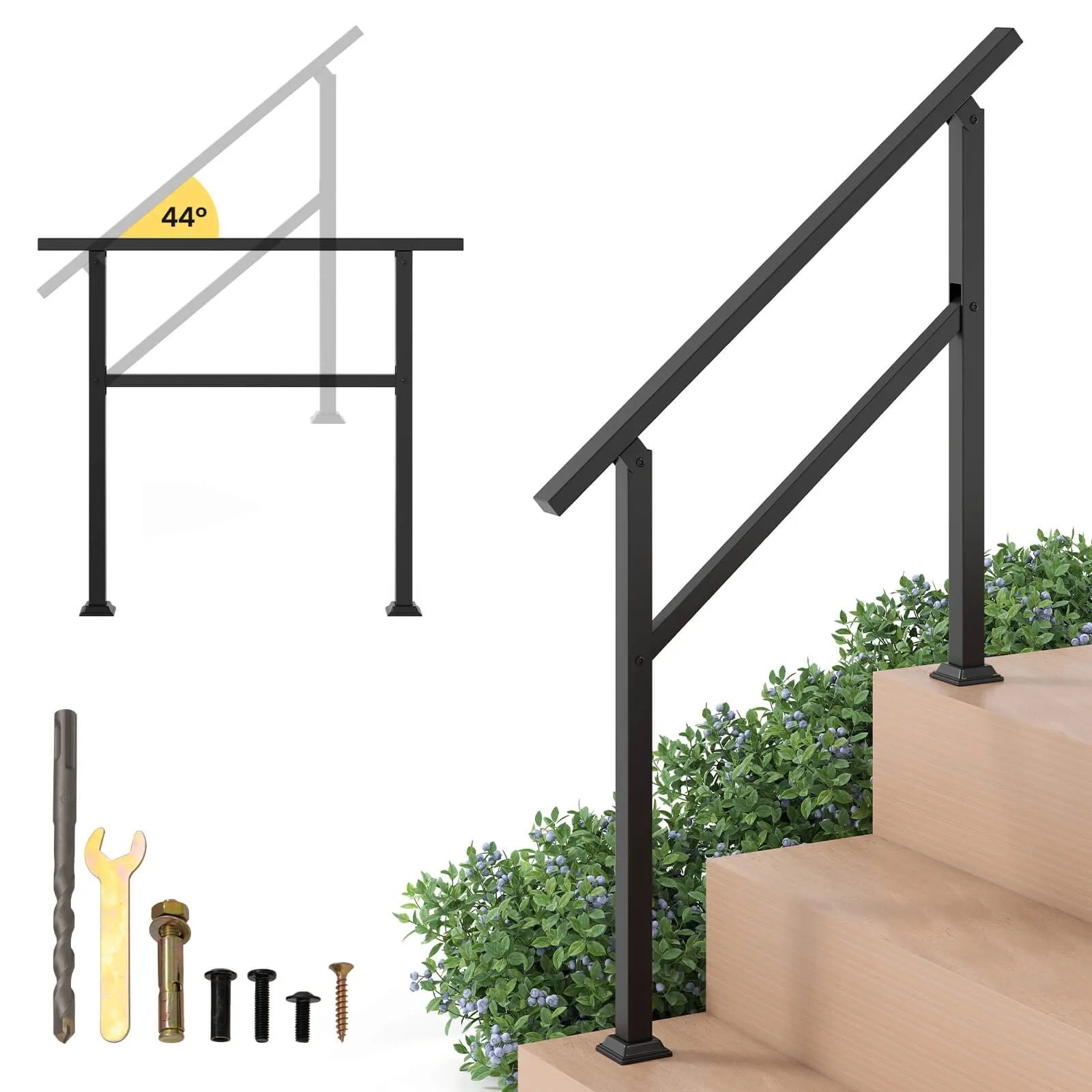Metal Handrail 0-3 Steps w/Flexible Angle Adjustment Installation Kit for Deck
Metal Handrail 0-3 Steps w/Flexible Angle Adjustment Installation Kit for Deck