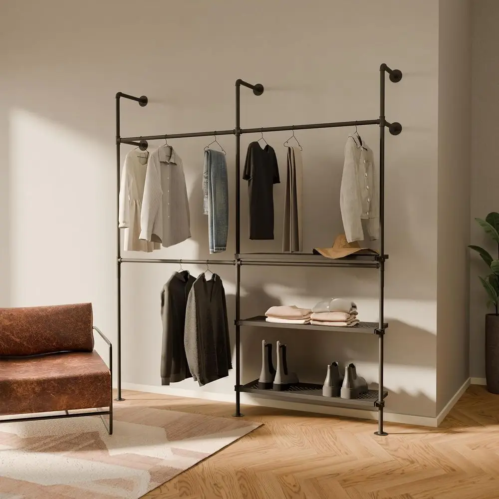 Industrial Pipe Clothing Rack with Shel - 790 lbs acity - Wall Mounted Clothes Rack and Walk In Closet with Metal Shel or Wardro
Industrial Pipe Clothing Rack with Shel - 790 lbs acity - Wall Mounted Clothes Rack and Walk In Closet with Metal Shel or Wardro