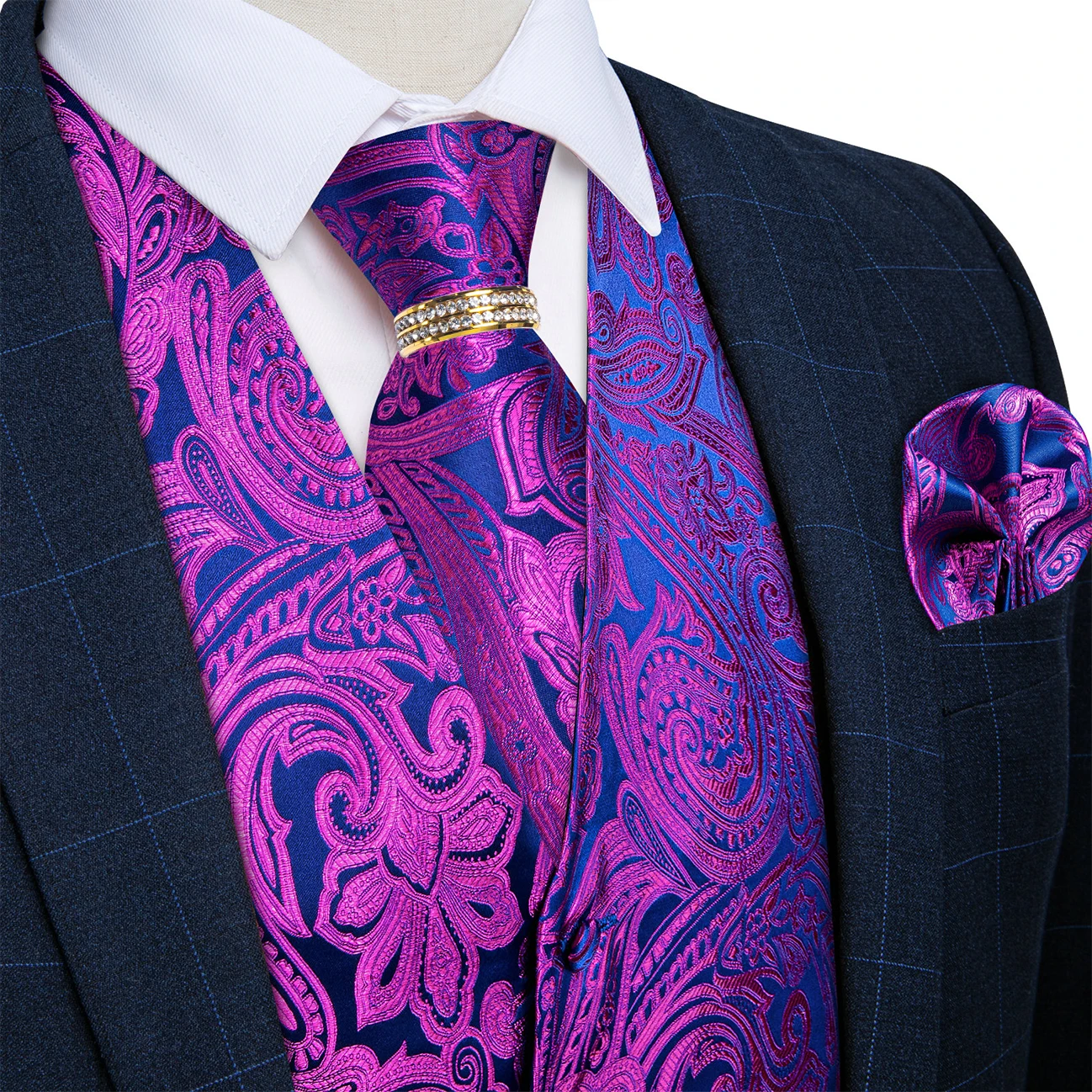 Purple Blue Paisley V-Neck Vest 5Pcs Set Tie Pocket Square Cufflinks Gold Ring For Wedding Banquet Prom Party
Purple Blue Paisley V-Neck Vest 5Pcs Set Tie Pocket Square Cufflinks Gold Ring For Wedding Banquet Prom Party