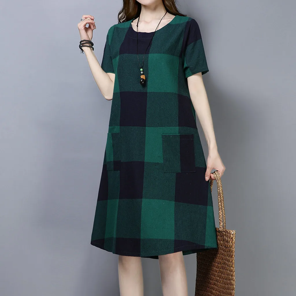 Women Plaid Printed Dress O-Neck Short Sleeve Pockets Loose A-Line Elegant Dresses Summer Knee Length Vacation Party Vestidos
Women Plaid Printed Dress O-Neck Short Sleeve Pockets Loose A-Line Elegant Dresses Summer Knee Length Vacation Party Vestidos