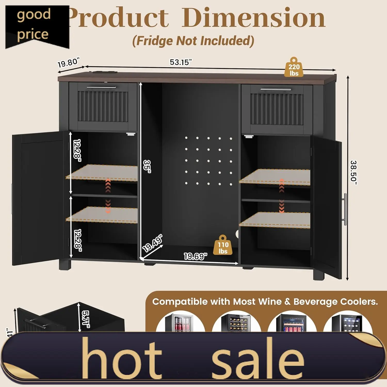 Coffee Bar Cabinet with Fridge Space, Mini Fridge Cabinet with Power Outlet, Modern Wine Liquor Cabinet with 2 Drawers, Fluted B
Coffee Bar Cabinet with Fridge Space, Mini Fridge Cabinet with Power Outlet, Modern Wine Liquor Cabinet with 2 Drawers, Fluted B