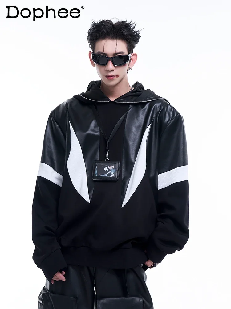 Fashion Leather Padded Shoulder Zipper Hooded Sweatshirts Men's 2024 Autumn Winter Handsome Hoodies Pullover Contrast Color Coat
Fashion Leather Padded Shoulder Zipper Hooded Sweatshirts Men's 2024 Autumn Winter Handsome Hoodies Pullover Contrast Color Coat
