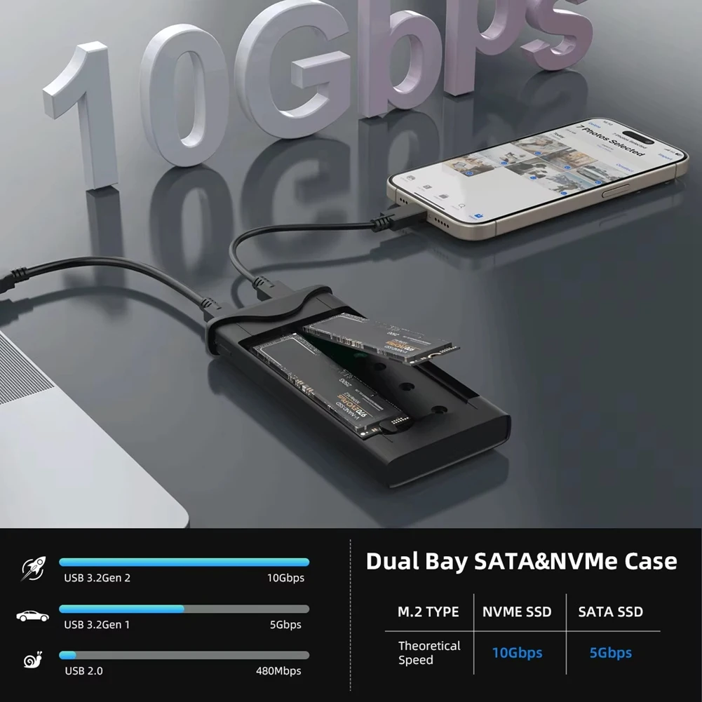 CS-M.2 SATA NVME Dual Protocol SSD Enclosure Dual Bay SATA&NVME SSD Case 10Gbps USB Type C SSD Case M.2 Hard Disk Box 
CS-M.2 SATA NVME Dual Protocol SSD Enclosure Dual Bay SATA&NVME SSD Case 10Gbps USB Type C SSD Case M.2 Hard Disk Box