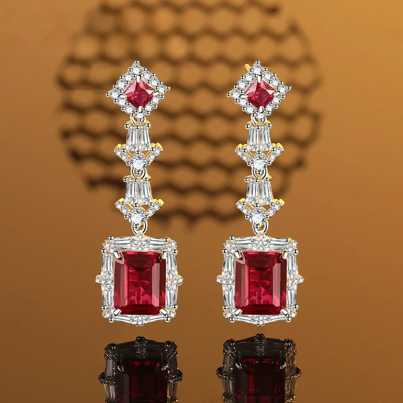 New PT950 Platinum Artificially Cultivated Gemstone Pigeon Blood Ruby Long Earrings for Women Set with Full Diamonds
New PT950 Platinum Artificially Cultivated Gemstone Pigeon Blood Ruby Long Earrings for Women Set with Full Diamonds