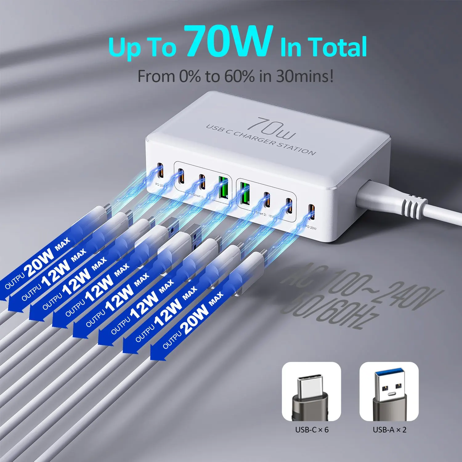 70W 8 Ports USB Type-C Charger Quick Charge Desktop Charging Station For Smart Phone Headphone Watch PD20W Fast Charger Hub
70W 8 Ports USB Type-C Charger Quick Charge Desktop Charging Station For Smart Phone Headphone Watch PD20W Fast Charger Hub