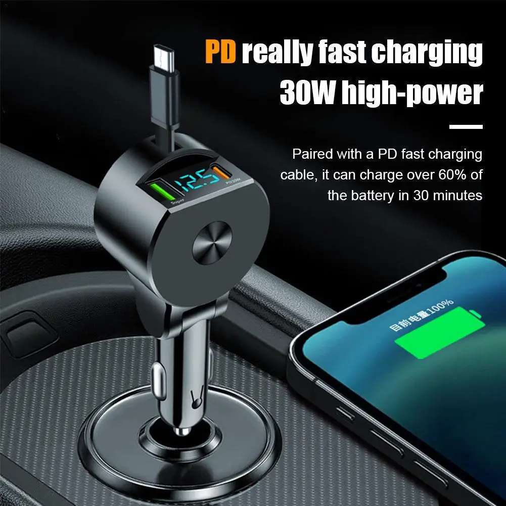 Car Charger PD30W Dual USB Ports Super Fast Charging Adapter Retractable Cable Digital Display For IPhone 15
Car Charger PD30W Dual USB Ports Super Fast Charging Adapter Retractable Cable Digital Display For IPhone 15