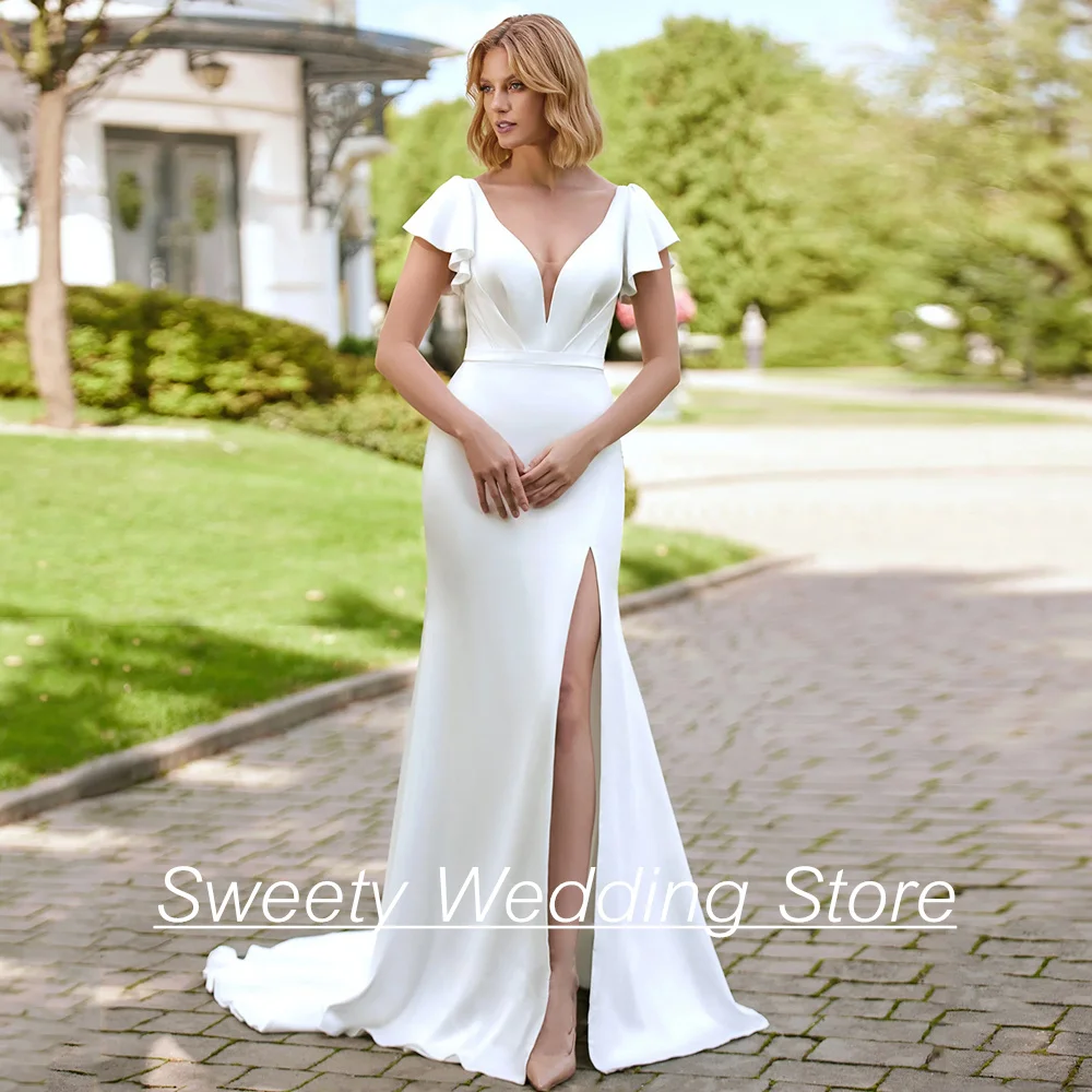NeW Arrival Wedding Dress Short Sleeves Deep V Neck Sweep Train Open Back Side Slit Mermaid Bridal Gown Vestidos De Novia
NeW Arrival Wedding Dress Short Sleeves Deep V Neck Sweep Train Open Back Side Slit Mermaid Bridal Gown Vestidos De Novia