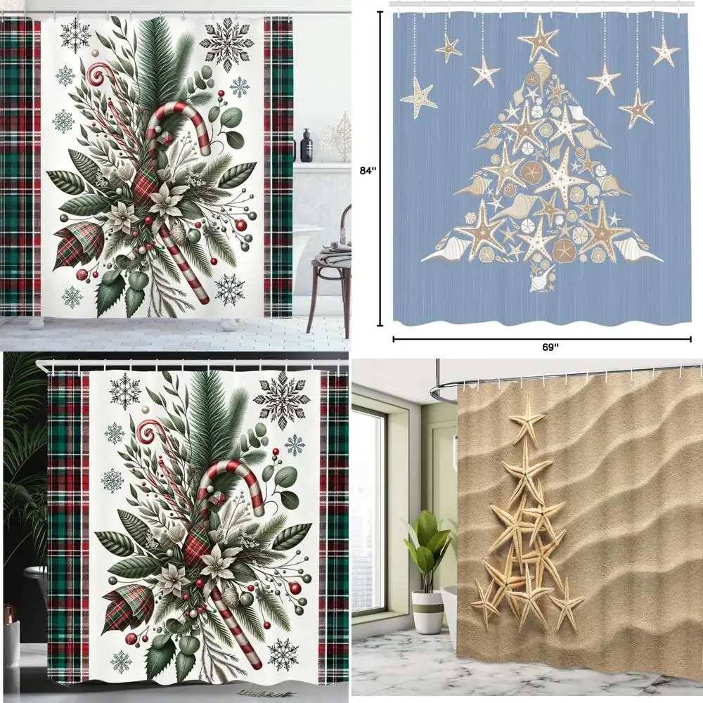 holiday plaid shower curtain with festive lace, pinecones, and candy accents
holiday plaid shower curtain with festive lace, pinecones, and candy accents