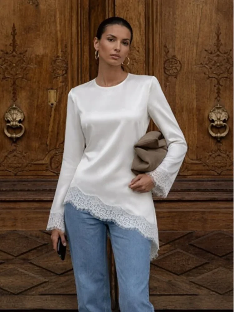 Elegant Satin Lace Patchwork Top Women O-neck Long Sleeves Loose T-Shirts Lace-up Waist Pullovers 2026 Spring Solid Lady Tops
Elegant Satin Lace Patchwork Top Women O-neck Long Sleeves Loose T-Shirts Lace-up Waist Pullovers 2026 Spring Solid Lady Tops
