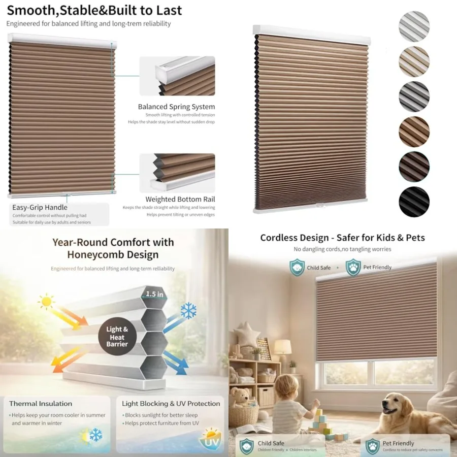 Cordless Blackout Cellular Shades for Windows, Honeycomb Window Shades with Thermal Insulation, Child & Pet Safe Room Darkening Shade, Easy Install,24" W x 50" H, Light Brown
Cordless Blackout Cellular Shades for Windows, Honeycomb Window Shades with Thermal Insulation, Child & Pet Safe Room Darkening Shade, Easy Install,24" W x 50" H, Light Brown