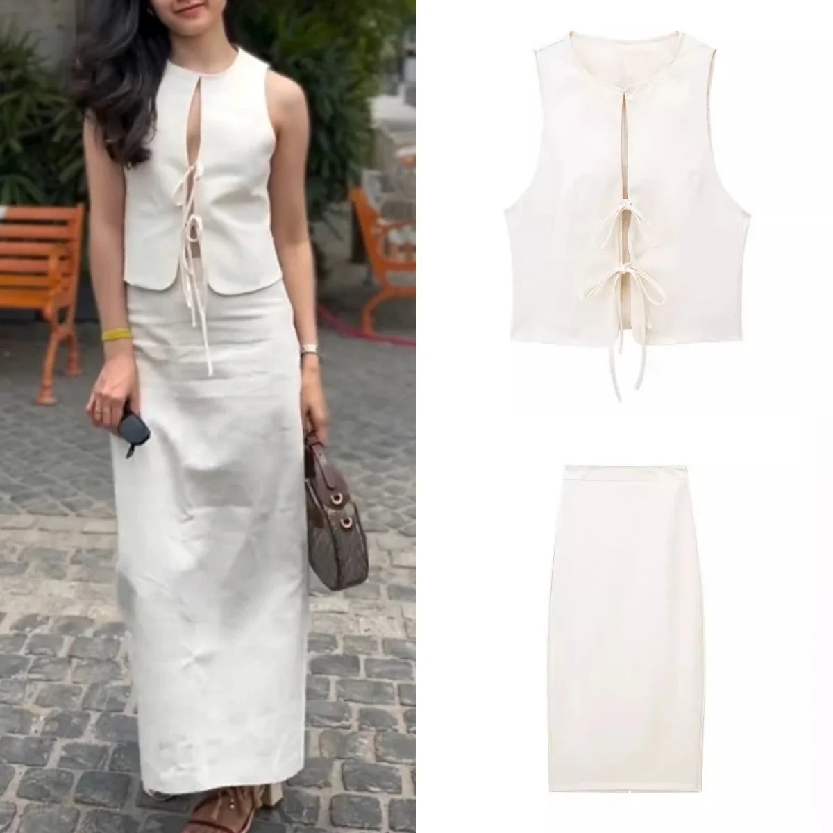 Women Fashion 2 Piece Set Beige Bowed Lace Up Vest & Vintage High Waist Side Zipper Midi Skirt Female Chic Skirts Set
Women Fashion 2 Piece Set Beige Bowed Lace Up Vest & Vintage High Waist Side Zipper Midi Skirt Female Chic Skirts Set