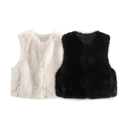 PB&ZA2024 autumn new women's clothing temperament commuting loose round neck artificial fur effect sleeveless vest