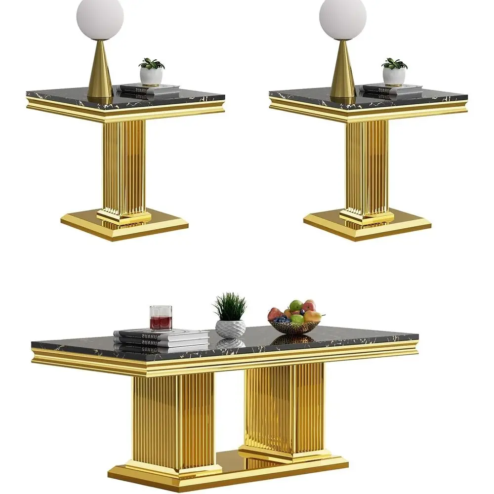 3-Piece Black Marble Living Room Table Set with Gold Stainless Steel Bases
3-Piece Black Marble Living Room Table Set with Gold Stainless Steel Bases