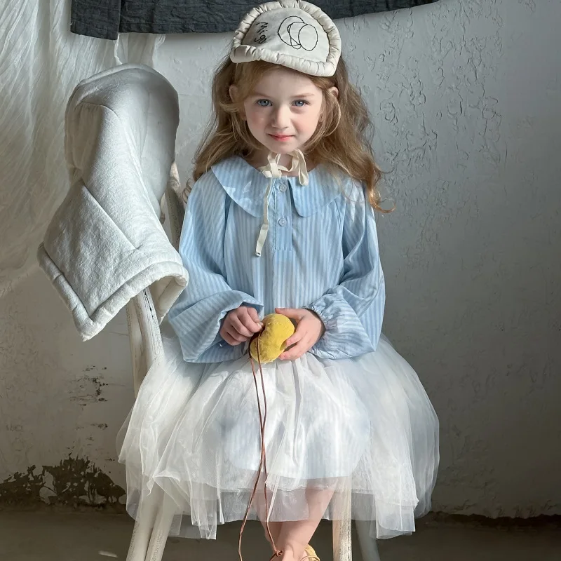 French Style Blue White Stripe Shirt Dress with Tulle Skirt baby Girls Spring Cotton Long Sleeved Dresses for Girls 2-8 Years
French Style Blue White Stripe Shirt Dress with Tulle Skirt baby Girls Spring Cotton Long Sleeved Dresses for Girls 2-8 Years