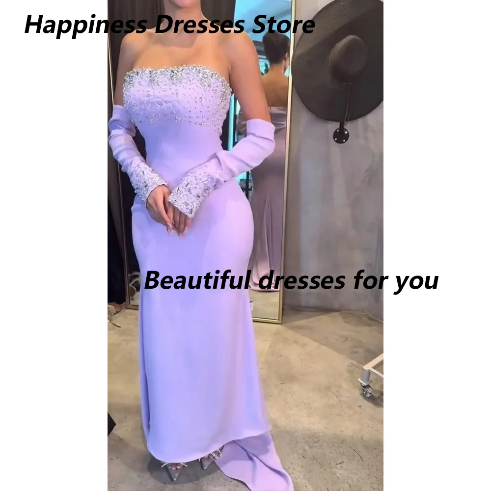 Lilac Evening Dress Customized Strapless Bead Crystal Mermaid Jersey Prom Gown with Sleeves Ankle Length Formal Party Dress
Lilac Evening Dress Customized Strapless Bead Crystal Mermaid Jersey Prom Gown with Sleeves Ankle Length Formal Party Dress