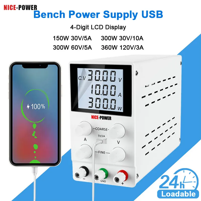 30V 10A Bench Power Supply For Cell Phone Batteries Laboratory 60V Power Source Adjustable LCD Display Switching Power Supply
30V 10A Bench Power Supply For Cell Phone Batteries Laboratory 60V Power Source Adjustable LCD Display Switching Power Supply