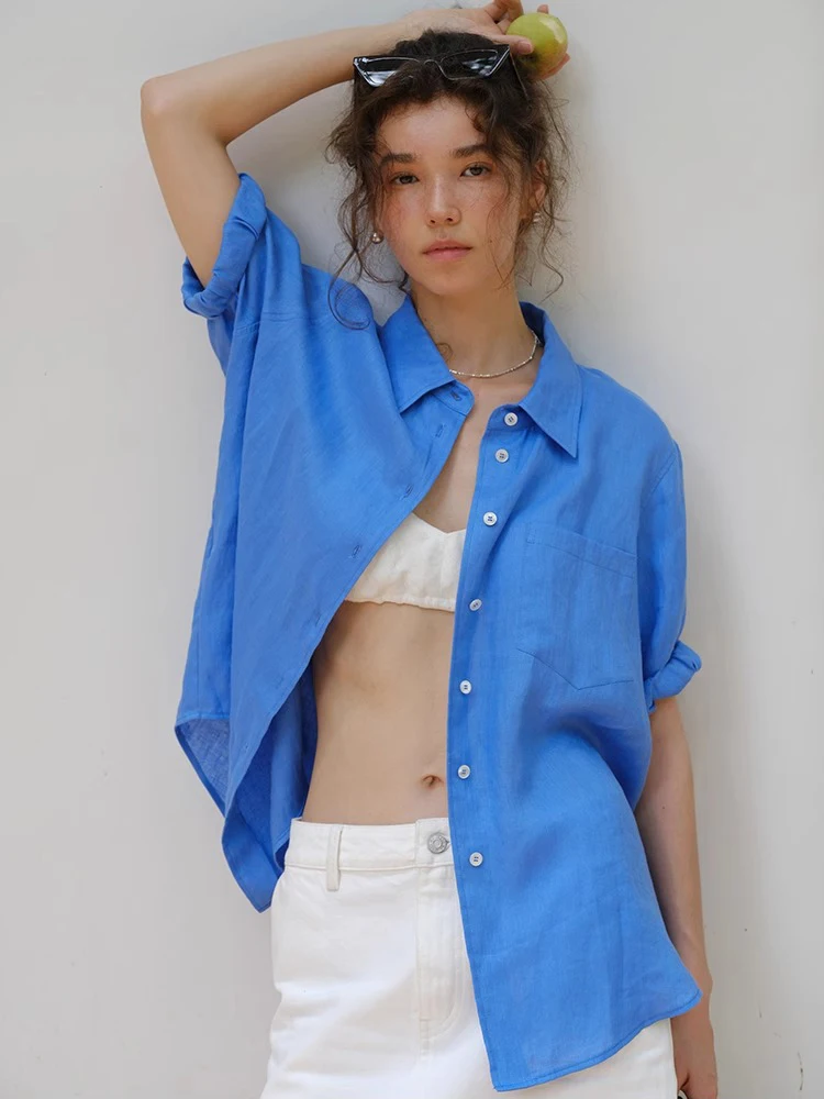 Thin Klein Blue Linen Long Sleeve Shirt Women Summer New Style Whitening Top French Style Loose Fit Button down Pure Color
Thin Klein Blue Linen Long Sleeve Shirt Women Summer New Style Whitening Top French Style Loose Fit Button down Pure Color