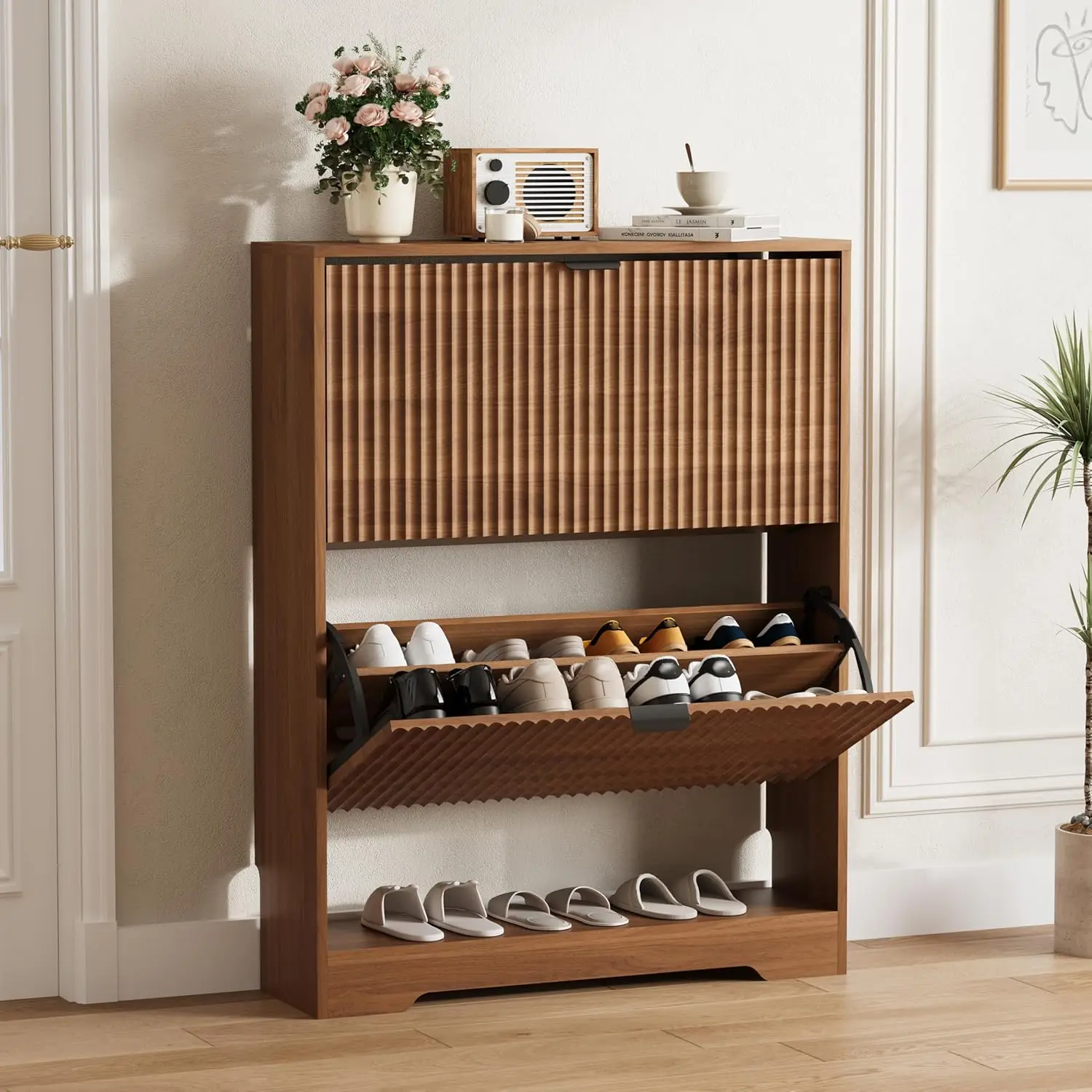 Walnut Fluted Shoe Cabinet 2 Flip Drawers Open Storage Wooden Slim Freestanding Entryway Hallway Organizer, Customized
Walnut Fluted Shoe Cabinet 2 Flip Drawers Open Storage Wooden Slim Freestanding Entryway Hallway Organizer, Customized