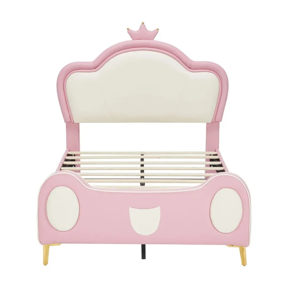 Twin Size Bed Frame with Bed-End Storage Pocket, Twin Size Princess Bed with Crown Headboard, PU Upholstered Platform Beds
Twin Size Bed Frame with Bed-End Storage Pocket, Twin Size Princess Bed with Crown Headboard, PU Upholstered Platform Beds