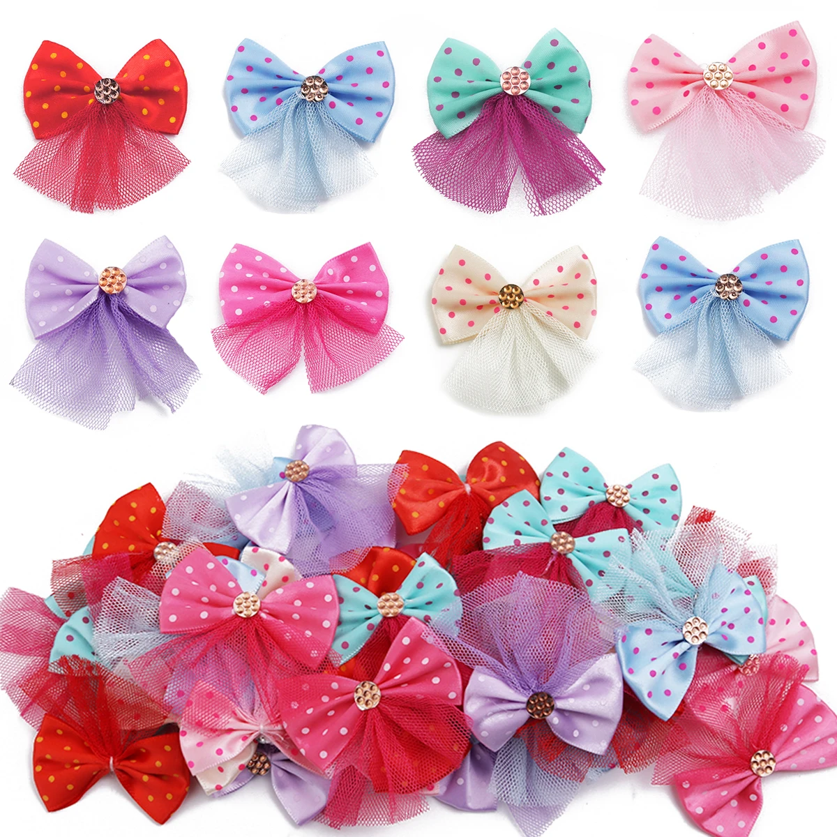 10pcs/lot Mesh Lace Polyester Polka Dot Color Bow For DIY Jewelry Making Pet Children Hair Accessories clothing Bag Accessories
10pcs/lot Mesh Lace Polyester Polka Dot Color Bow For DIY Jewelry Making Pet Children Hair Accessories clothing Bag Accessories