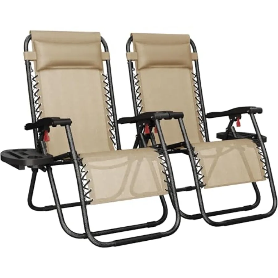 Outdoor zero gravity recliners in beige fabric with adjustable folding design, plush pillows, cup holder trays, and carry strap
Outdoor zero gravity recliners in beige fabric with adjustable folding design, plush pillows, cup holder trays, and carry strap