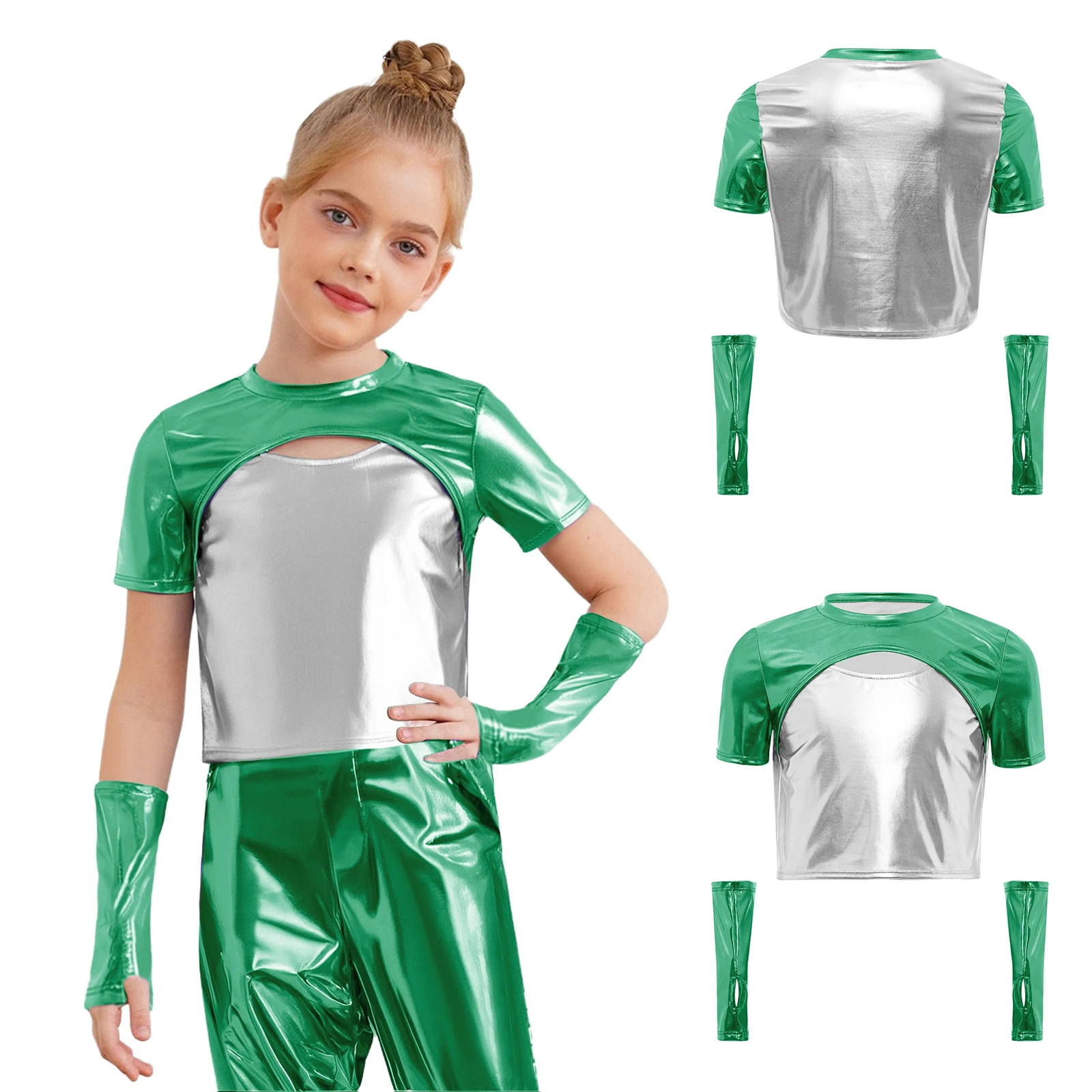 Kids Girls Hip-Hop Jazz Dance Tops Round Neck Short Sleeve Cutout Front Color Block Metallic T-shirt Top+Gloves Halloween Outfit
Kids Girls Hip-Hop Jazz Dance Tops Round Neck Short Sleeve Cutout Front Color Block Metallic T-shirt Top+Gloves Halloween Outfit