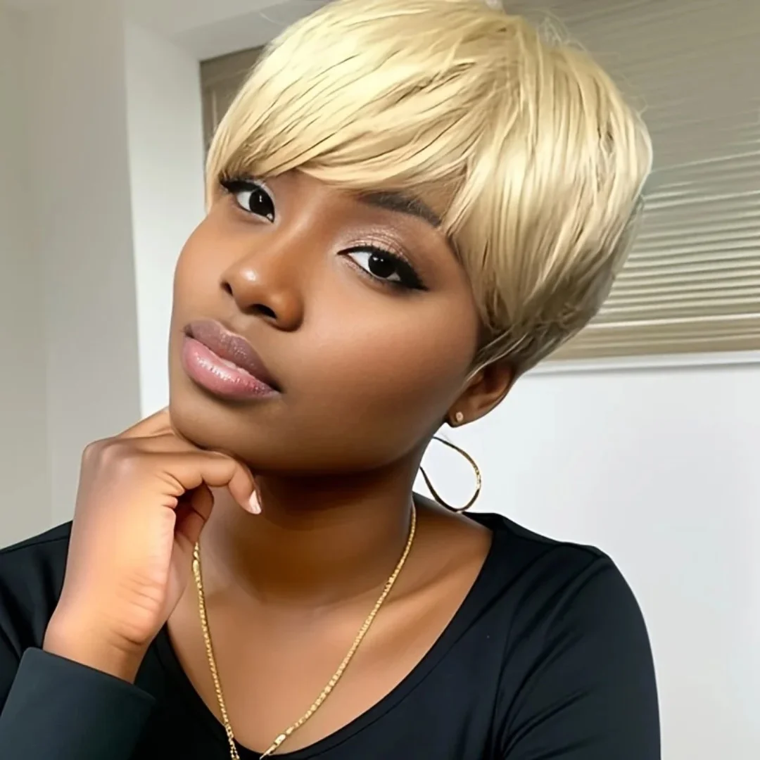 Pixie Cut Wig for Black Women Blonde 613 Short Wig with Bangs Layered Straight Hair Heat Resistant Machine Made for Daily Use
Pixie Cut Wig for Black Women Blonde 613 Short Wig with Bangs Layered Straight Hair Heat Resistant Machine Made for Daily Use