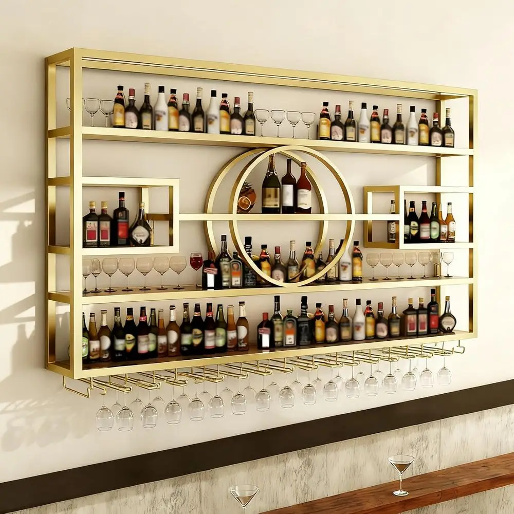Gold Wall-Mounted Wine Rack with 4-Tier Display Shelves for Bottles and Glasses, 55.1 x 8 x 51
Gold Wall-Mounted Wine Rack with 4-Tier Display Shelves for Bottles and Glasses, 55.1 x 8 x 51