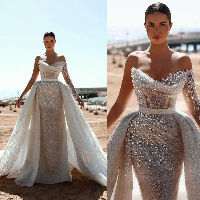 Charming Mermaid Wedding Dresses Strapless Pearls Sequins Bride Dress Exquisite Detachable Sweep Train Bridal Dress Customized
Charming Mermaid Wedding Dresses Strapless Pearls Sequins Bride Dress Exquisite Detachable Sweep Train Bridal Dress Customized