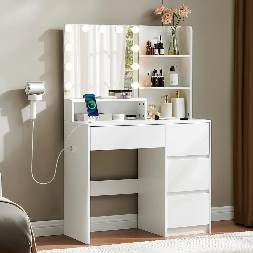Vanity Desk with mirror and lights, Makeup Vanity Table with Power Outlet, USB Ports, 4 Drawers & 3 Shelves
Vanity Desk with mirror and lights, Makeup Vanity Table with Power Outlet, USB Ports, 4 Drawers & 3 Shelves