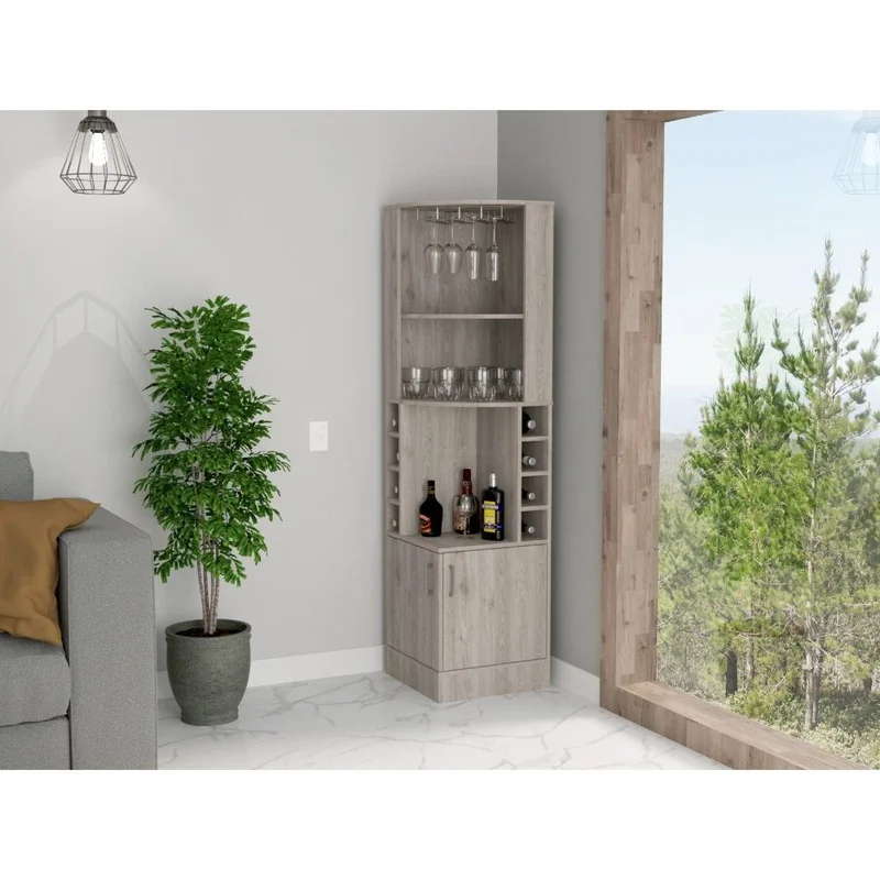 Light Gray Syrah Corner Bar Cabinet with 8 Bottle Cubbies, Double Doors, and Two Open Shelves
Light Gray Syrah Corner Bar Cabinet with 8 Bottle Cubbies, Double Doors, and Two Open Shelves