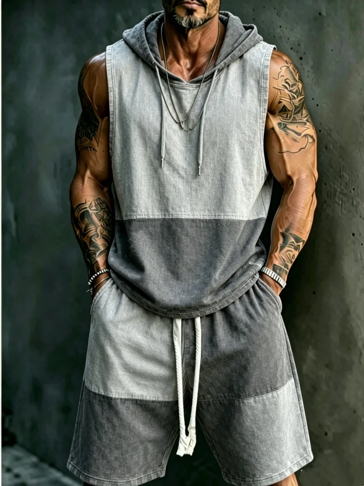 Men's Sleeveless Hooded Tank & Shorts Set, Loose Comfort Washed Grey Color Block Casual Streetwear
Men's Sleeveless Hooded Tank & Shorts Set, Loose Comfort Washed Grey Color Block Casual Streetwear