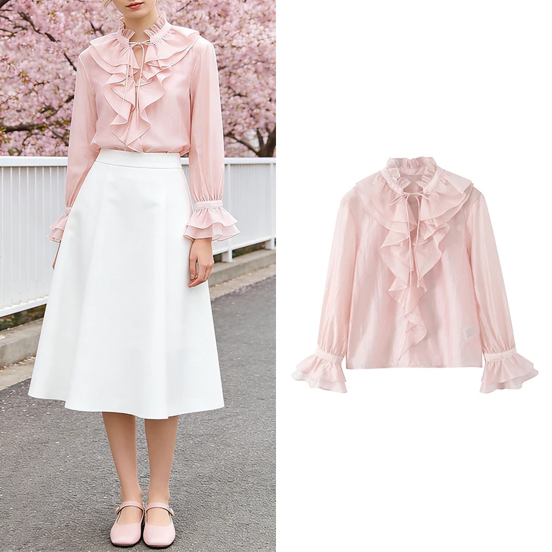 Women's Long Bell Sleeve Shirt, Light Pink, Ruffled High Neck, Front Tie, Sheer Casual Sweet Top, 2026 Early Spring New Arrival
Women's Long Bell Sleeve Shirt, Light Pink, Ruffled High Neck, Front Tie, Sheer Casual Sweet Top, 2026 Early Spring New Arrival