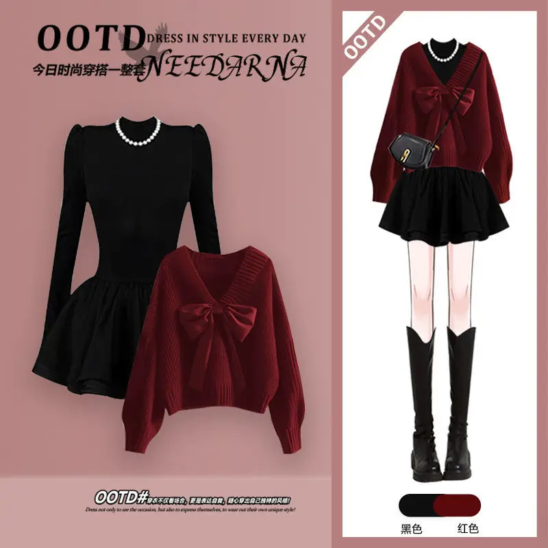 Spring Autumn Women's Set Clothing 2025 Bow Sweater with Dress Korean Style Two Piece Outfits Woman
Spring Autumn Women's Set Clothing 2025 Bow Sweater with Dress Korean Style Two Piece Outfits Woman