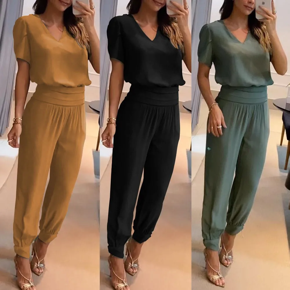 Summer Women's Suit 2 Piece Set V Neck Short Sleeve High Waist Pants Cropped Long Pants Yellow Loose Fit Trousers Floral Print
Summer Women's Suit 2 Piece Set V Neck Short Sleeve High Waist Pants Cropped Long Pants Yellow Loose Fit Trousers Floral Print