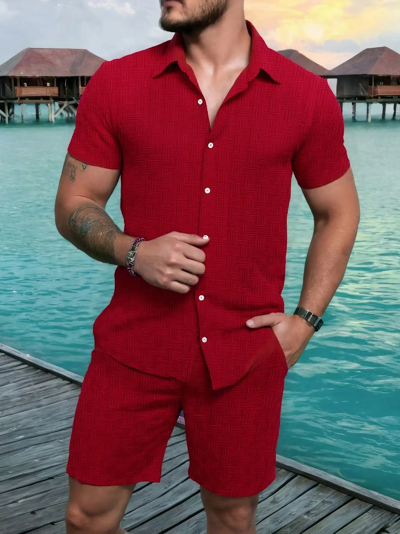 Mens Woven Pattern Short Sleeve Shirt And Shorts Two Piece Set Casual Vacation Outfit
Mens Woven Pattern Short Sleeve Shirt And Shorts Two Piece Set Casual Vacation Outfit