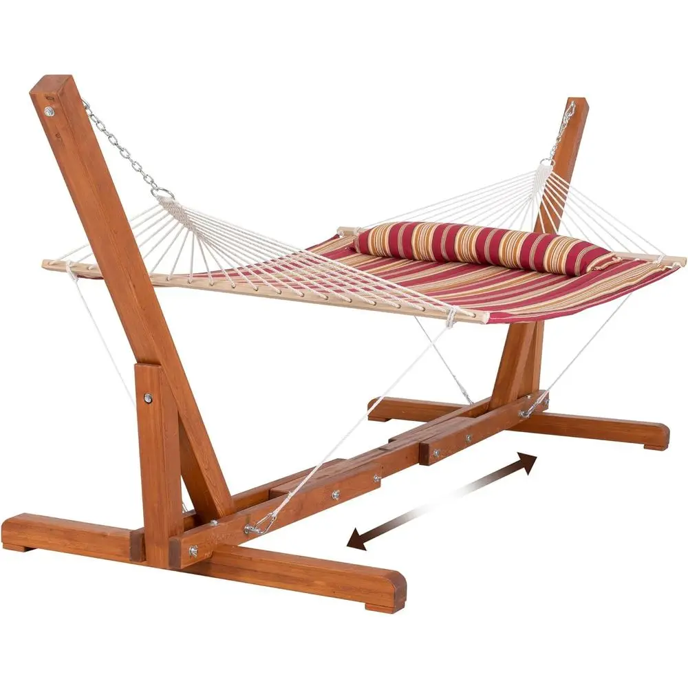 Two Person Quilted Fabric Hammock Swing with Adjustable Wooden Stand, Red Stripes
Two Person Quilted Fabric Hammock Swing with Adjustable Wooden Stand, Red Stripes