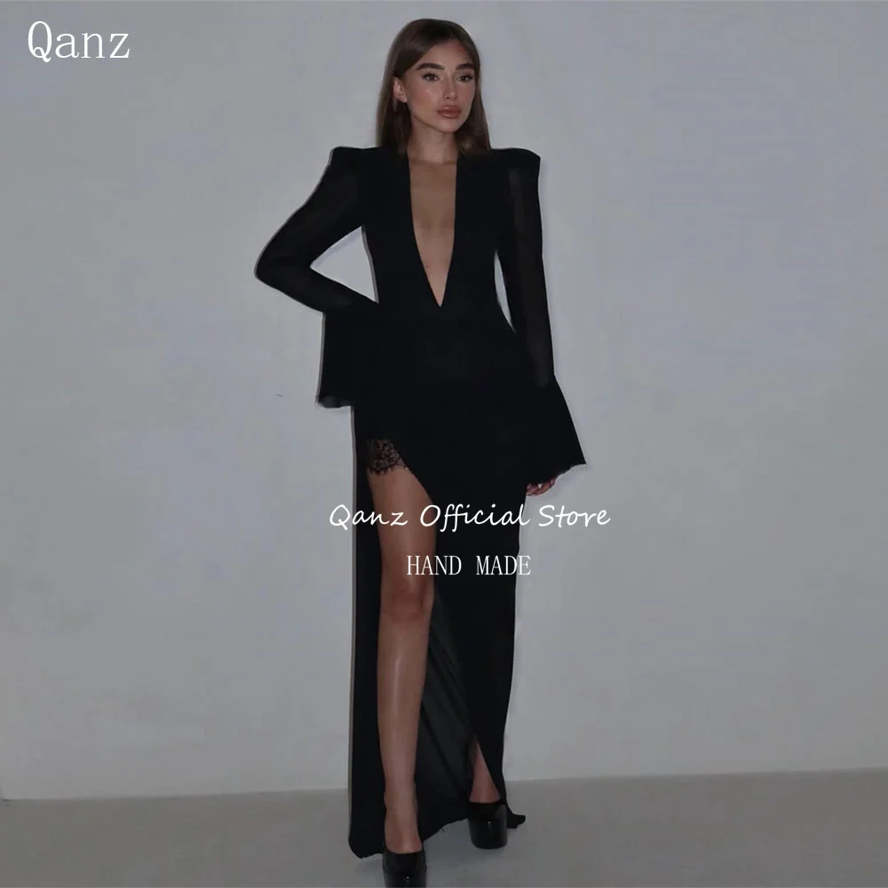 Qanz Black Chiffon Formal Evening Gowns High Slit Sexy Deep V Neck Prom Dresses Long Sleeves Lace Robes De soirée Customized
Qanz Black Chiffon Formal Evening Gowns High Slit Sexy Deep V Neck Prom Dresses Long Sleeves Lace Robes De soirée Customized