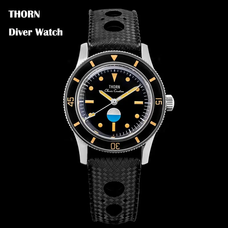 Thorn 38mm Black Dial Bubble Sapphire Glass Full Luminous Men's Titanium Diver Watch PT5000 Automatic Movement 20Bar Waterproof
Thorn 38mm Black Dial Bubble Sapphire Glass Full Luminous Men's Titanium Diver Watch PT5000 Automatic Movement 20Bar Waterproof