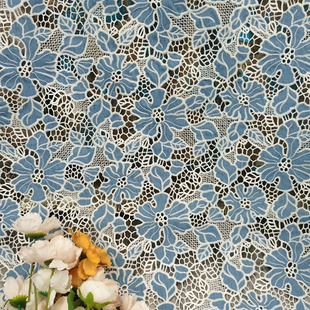 100%cotton denim hollow embroidered fabric milk silk water-soluble embroidery fashionable soft lace fabric Nigerian lace fabric
100%cotton denim hollow embroidered fabric milk silk water-soluble embroidery fashionable soft lace fabric Nigerian lace fabric